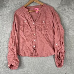 Isaac Mizrahi Shirt Womens Medium Pink 100% Linen Roll Tab Sleeve Utility Blouse